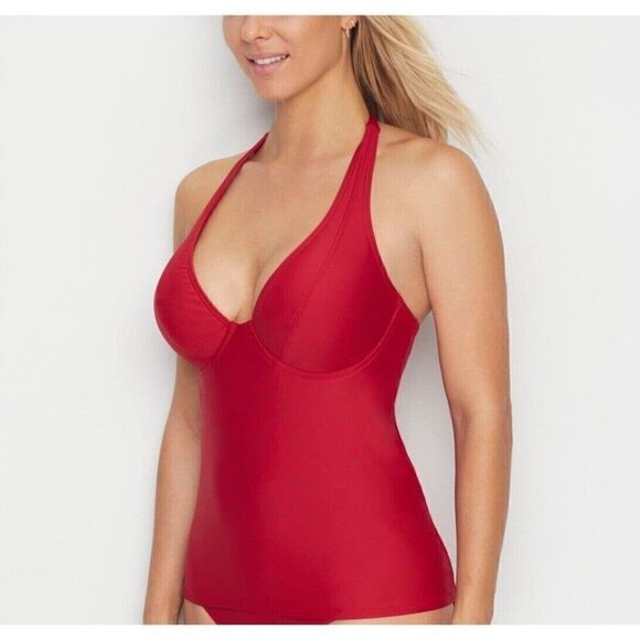 Birdsong Size‎ 32H Bare Necessities Rouge Red Underwire Halter Tankini Swim Top - Picture 2 of 12
